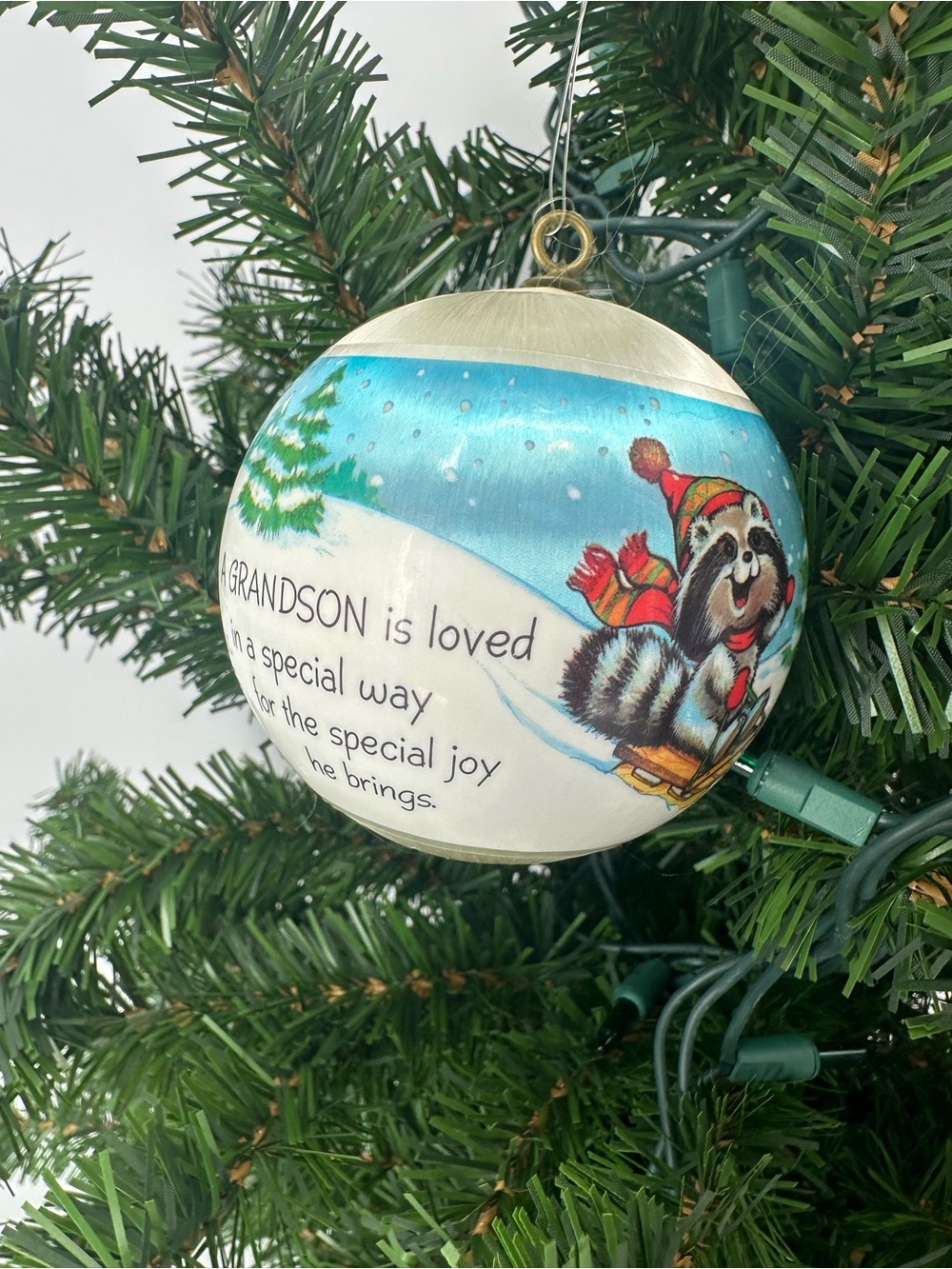 Hallmark "Grandson" White Satin Ball Ornament( 3”, 1978) Raccoons Snowman